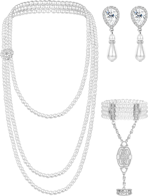 HAIAISO 1920s Art Deco Faux Pearls Necklace Fashion Dangle Pearl Earrings Flapper Bracelet Ring Set 20s Costume Party Accessories Vintage Wedding ...