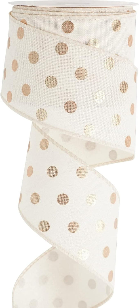 HUIHUANG Gold Polka Dot Wired Ribbon White and Gold Dot Ribbon Wired Edge Burlap Ribbon, 2.5 inch X 10 Yards Wreath Ribbon with Wire for Crafts X-...