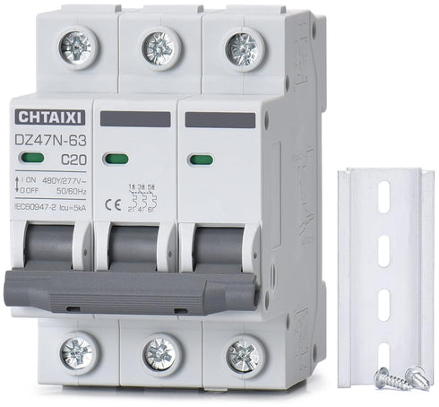 3 Pole DIN Rail Mount Circuit Breaker, 20 Amp 480V AC Miniature Circuit Breaker, Thermal Magnetic Trip AC Disconnect Switch MCB C20...