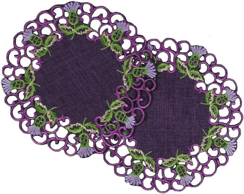 Justina Claire Pair of Round Purple Doilies (6x6 inches) in Glencoe Thistle Design for Center Table...