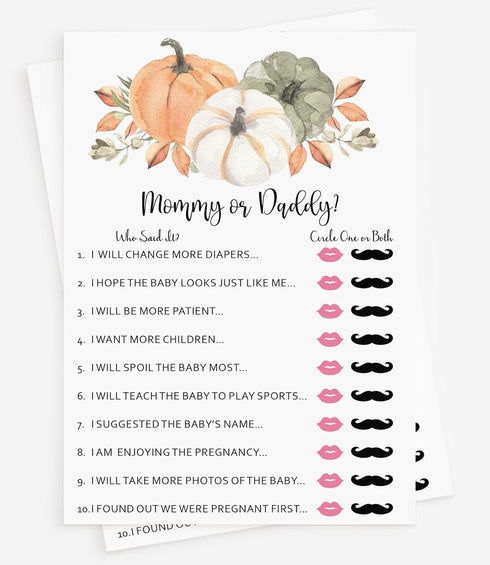 All Ewired Up 50 Baby Shower Who Said It? Mommy or Daddy? (50-Cards) Fun Baby Shower Game Activity, Gender Neutral Boy or Girl, Pumpkin, Autumn...