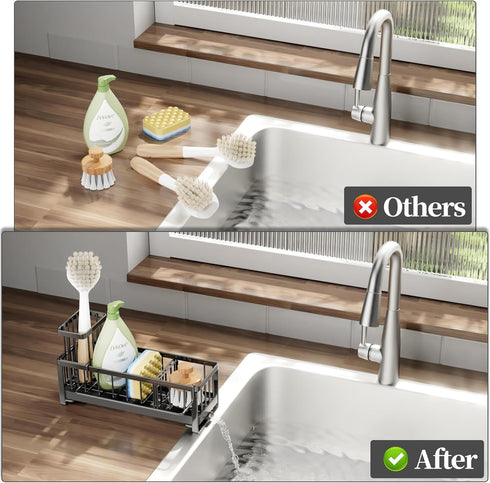 SWTYMIKI Sponge Holder for Kitchen Sink - Sink Caddy with Brush Holder Self-draining Kitchen Sponge Caddy Organizer with Divider Stainless Steel S...