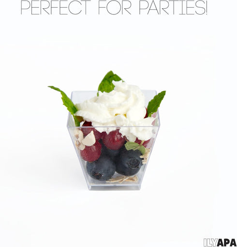 Ilyapa 2oz Plastic Dessert Cups - 50 Pack Mini Dessert Cups with Spoons - Clear Reusable Small Appetizer Cup for Cheesecake Shooters, Chocolate Mo...