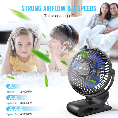 BESKAR USB Clip on Fan, Portable Small Fan with Cord Powered, 3 Speeds Strong Airflow, with Sturdy Clamp, Quiet Personal Desk Fan...