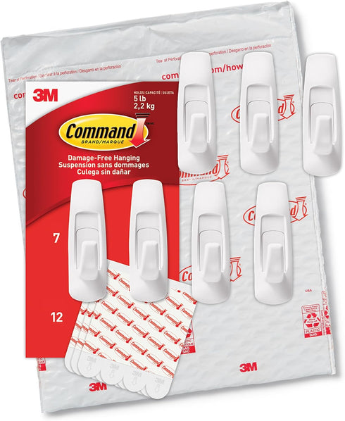 Command 5 lb Large Utility Hooks, 7 Wall Hooks and 12 Command Strips, Damage-Free Hanging with Adhesive Strips, No Tools for Hanging, Organization...