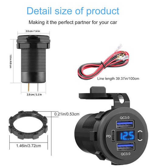 12V USB Outlet, Dual USB Quick Charge 3.0 Port & PD USB C Car Charger Socket with Voltmeter and Power Switch for Car Boat Marine Truck 2 Pack......