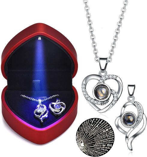 NW 2 pcs Pendants i love you necklace in 100 languages Projection Heart Pendant necklace for women mother with led light heart gift box SLIVER...