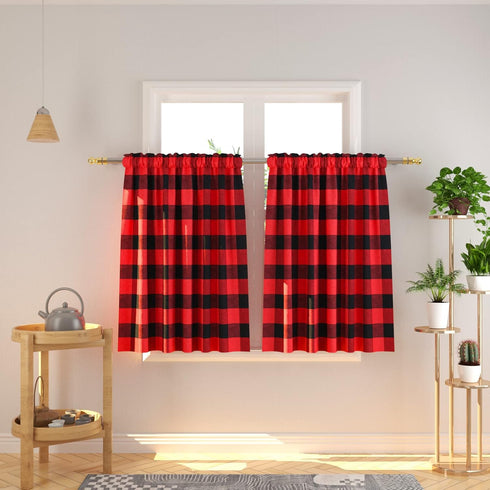 3 Pc Cotton Classic Country Farmhouse Kitchen Window Curtain -Red & Black Buffalo Check Tier & Valance Set, 54" x 18" / 27" x 36"...