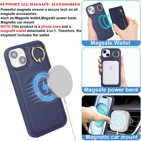 ?????? for iPhone 15 Case magsafe Compatible iPhone 15 case with Card Holder for Men iPhone 15 Wallet case Detachable Magnetic Leather Zipper Phon...