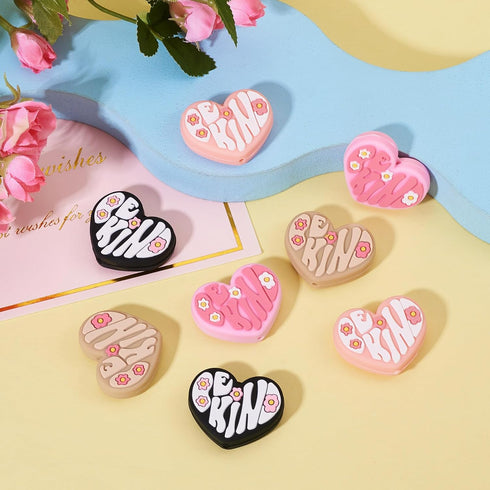 Beadthoven 8pcs Heart Silicone Focal Beads for Pens 4 Colors Heart Shaped Rubber Beads Flower Printed Loose Beads Spacers for Jewelry Making Keych...