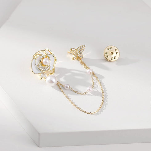 Golden Flower Pearl Brooch Pins for Women Chain Butterfly Cameo Copper Lapel Brooch Pins...