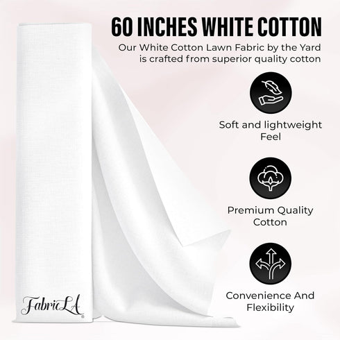 White Cotton Fabric by The Yard | 60” inches Wide Lining Fabric | 2 Yard Cotton Fabric | 75 GSM Thin Lightweight 100% Cotton Fabric | Cotton Lawn ...