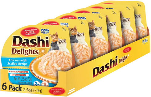 INABA Dashi Delights for Cats, Shredded Chicken with Bonito Flake Broth, 2.5 Ounce Cup, 6 Cups Total, Chicken with Scallop Recipe...