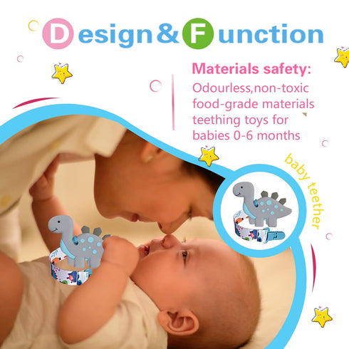 1 Soft Dinosaur Teether for Babies and 1 Baby Pacifier Clip, Valentines Day Gifts for Baby Girl Boy,Silicone Chew Toys for Baby (Grey Dinosaur)...