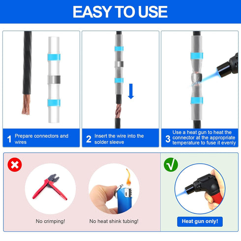 Solder Seal Wire Connectors, Self Soldering Heat Shrink Butt Connector Solder Sleeve Waterproof Insulated Electrical Butt Splice Wire Terminals fo...