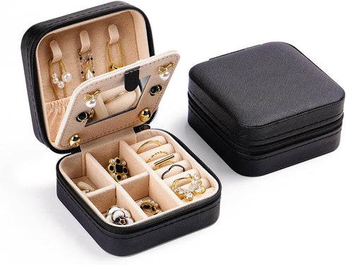 CASEGRACE Travel Jewelry Case, Small Jewelry Box with Mirror Design Portable Jewelry Travel Organizer Display Storage Case for Rings Earring Neckl...
