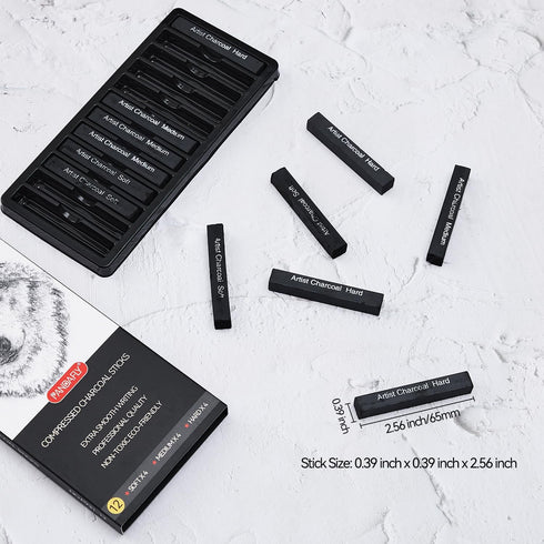 PANDAFLY Compressed Charcoal Sticks, 12 Pieces (Soft, Medium, Hard) Square Vine Charcoal Sticks for Drawing, Sketching, Shading, Charcoal Drawing ...