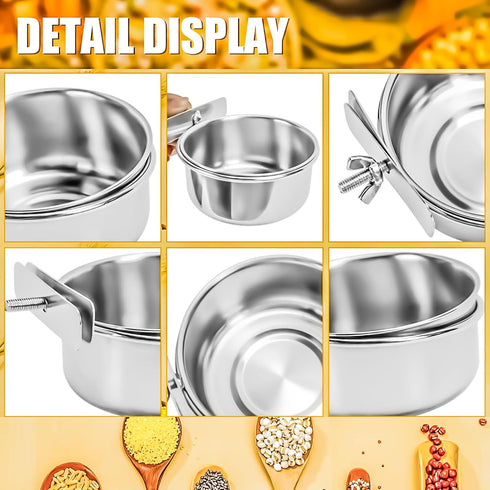 MotBach 2 Pack Stainless Steel Bird Feeding Dish Cups, Bird Feeder Parrot Food Water Bowls with Clamp, Pet Cage Cups Holder for Bird Parrot Cockat...