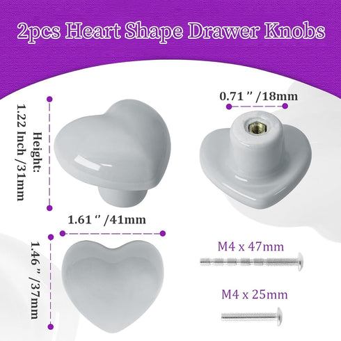 2pcs Ceramic Cabinet Knobs Light Grey Drawer Knobs, Heart Shaped Dresser Knobs Cute Kitchen Cabinet Pull Handles, Small Vanity Knobs Hardware Clos...