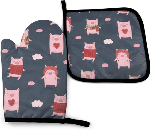 Cute Cartoon Pigs Oven Mitts and Pot Holders Sets Heat Resistant Oven Gloves with Non-Slip Surface for Reusable for Baking BBQ Cooking...