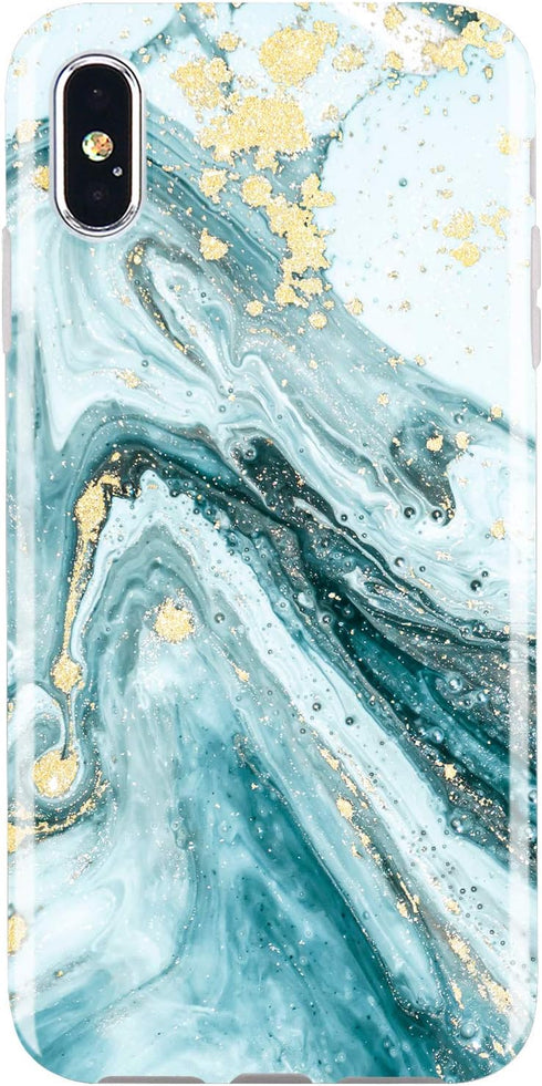 JIAXIUFEN Compatible iPhone X iPhone Xs Case Gold Sparkle Glitter Blue Marble Slim Shockproof Flexible Bumper TPU Soft Case Rubber Silicone Cover ...