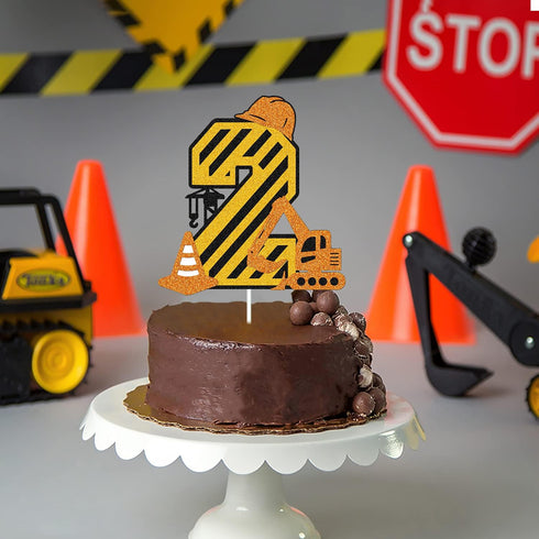 Construction 2nd Birthday Cake Topper for Kids Boy Girl Truck Excavator Forklift Dump Bulldozer Road Roller Engineering Themed Two Year Old Happy ...