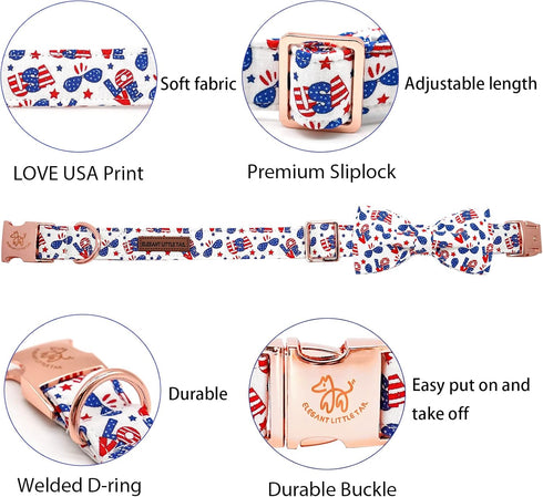 Elegant little tail Independence Day Dog Collar, American Flag Bowtie Dog Collars 4th of July American Pet Gift Adjustable Soft Puppy Collar for M...