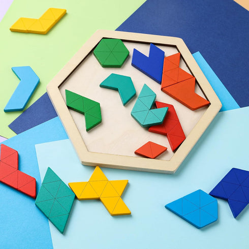 3 otters Wooden Hexagon Puzzles, Brain Teaser Blocks for Kids Montessori Educational Toys Shape Pattern Block for All Ages Boys Girls...