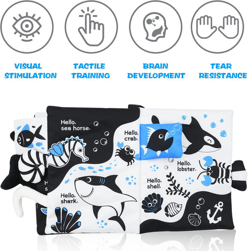 OKOOKO Soft Baby Book Black and White High Contrast Marine Animals Tails Book Bath Book Montessori Sensory Stroller Toy Non-Toxic Crinkle Washable...