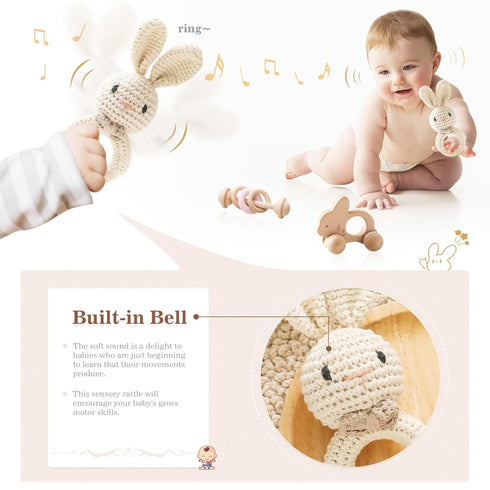 Wooden Baby Rattle 3 PCS Push Car Rattle Set Crochet Rattle Ring Wooden Montessori Toy for Newborn Infant Baby Gifts (Rabbit Rattle)...