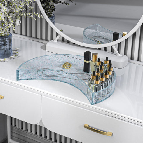 Bathroom Tray Organizer, 10'' Large Acrylic Moon-Shape Vanity Tray Jewelry Tray for Perfume Cosmetic Candle Jewelry, Clear Blue w/Glitter Durable ...