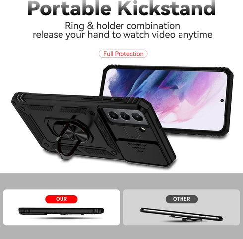 for Samsung Galaxy S21 Case with Camera Lens Cover HD Screen Protector, Dual Layer Military-Grade Drop Tested Magnetic Ring Holder Kickstand Prote...