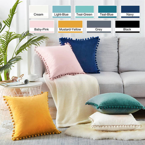 Top Finel Decorative Throw Pillow Covers 18x18 Set of 2, Cream White Couch Square Pillow Covers for Sofa Bed, Soft Velvet Cushion Covers with Pom ...