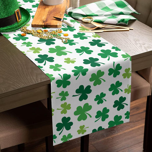 St Patrick's Day Green Shamrocks/Clover Table Runners Cotton Linen Non-Slip Rectangle Dresser Scarves for Spring Party Holiday Kitchen Dining Banq...
