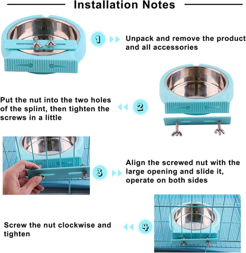 Crate Dog Bowl Removable Stainless Steel Water Food Feeder Bowls Cage Coop Cup for Cat Puppy Bird Pets (Large, Blue with Corrugated Clip)...