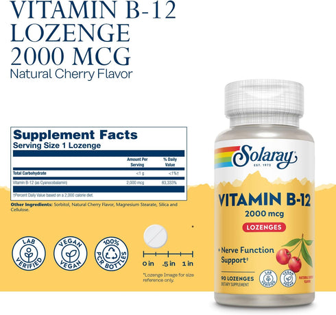 SOLARAY Vitamin B-12 2000 mcg No Sugar, Natural Cherry Flavor Healthy Energy & Red Blood Cell Support 90 Lozenges...