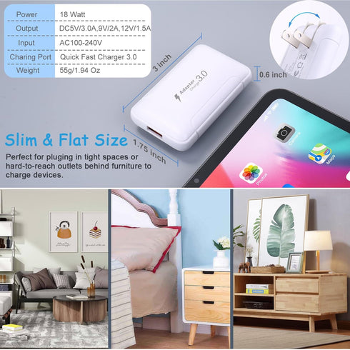 Flat USB Wall Charger, Costyle 3 Pack 18W Quick Fast Charge 3.0 Slim USB Wall Plug Adapter Fast Charging Block with Foldable Plug for iPhone 13 12...