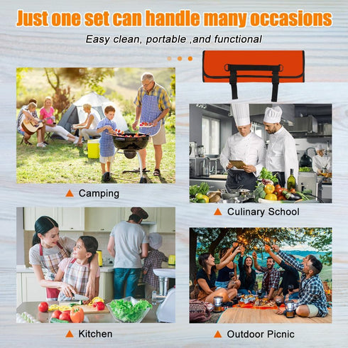 Orange Chef Knife Bag With 20 Slots Cutlery Knives Holders Protectors, Home Kitchen Travel Cooking Tools, Portable Canvas Knife Roll Storage Bag C...