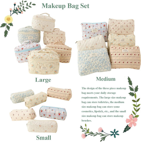 3 Pcs Cotton Quilted Makeup Bag Set, Floral Cotton Cosmetic Bag, Cute Makeup Bag, Aesthetic Toiletry Travel Organizer Bag for Women Girls (A)...