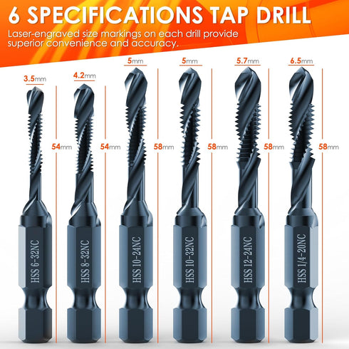 THINKWORK Combination Drill Tap & Tap Bit Set, 6 Pack 3-in-1 Anti-Rust Black Titanium Coated Screw Tapping Bit Tool in SAE Size 6-32NC 8-32NC 10-2...