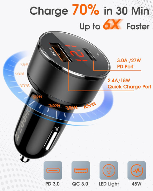 Car Charger Adapter, ZeeHoo USB C Car Charger QC 3.0&PD Dual Port 45W Fast Charging for Apple iPhone 14 13 12 11 Pro Max, Samsung Galaxy S23 Ultra...