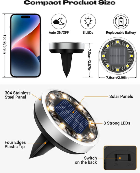btfarm 6 Pack Solar Ground Lights Outdoor, 8 LED Flat Solar Lights Outdoor Pathway IP65 Waterproof for Garden Pathway Lawn Patio Yard Landscape, W...