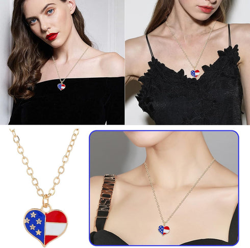Womens 4th of July Pendant Necklace American Flag Heart Patriotic Star Necklace USA Red Blue & White Jewelry...