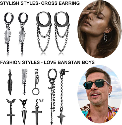 FIFATA 20 Pieces Men Earrings Set - Black Stainless Steel Chain Hoop Earrings Cross Moon and Star Dangle Earrings Piercing Jewelry for Men Women...