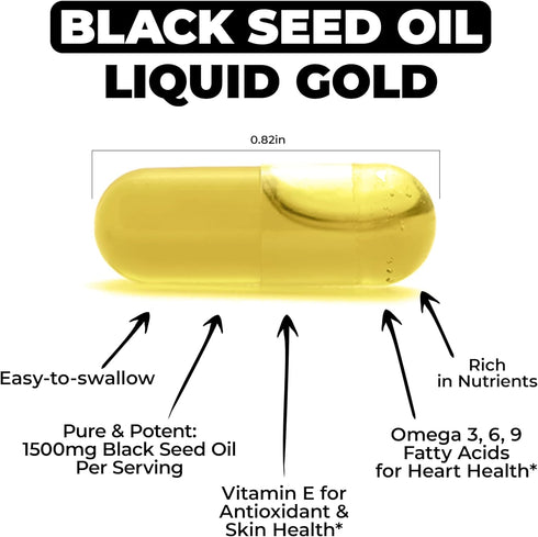 Black Seed Oil Capsules | Cold Pressed Blackseed Oil. Provides Vitamin E & Omega 3 6 9. High Potency (1500mg) for Joints, Immune Support, Antioxid...