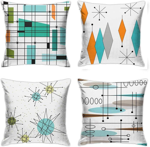 Mid Century Pillow Covers 18 x 18 Set of 4 Midcentury Modern Throw Pillow Cover Teal Grid Pillowcase Atomic Stars Bursts Orange Pillow Cases Home ...