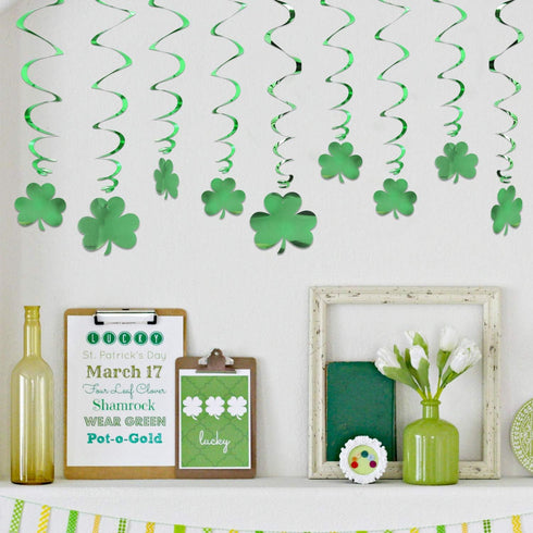 St.Patrick’s Day Hanging Shamrock Swirls Decorations(30Count), Konsait Lucky Irish Green Shamrock Foil Swirl for Home Party Ceiling Window Wall De...