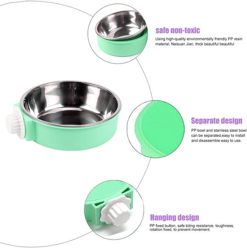2 Pack Green Crate Dog Bowl, Stainless Steel & Plastic Bowl, Hanging Food & Water Feeder, 5 inch Diameter, 150g Capacity...