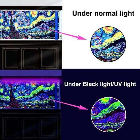 48X24IN Blacklight Vincent Van Gogh Black Light Aquarium Background, UV Fish Tank Background Art Star Oil Painting Terrarium Background with 10 EV...