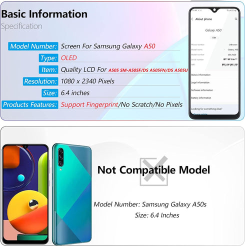 OLED Screen for Samsung Galaxy A50 2019 Screen Replacement LCD Touch Screen Display Digitizer for Samsung A50 A505 SM-A505 A505G/DS A505FDS Assemb...